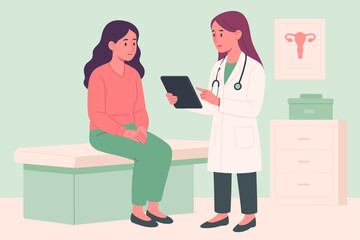 Female Doctor Consulting Woman Patient in Clinic &ndash; Flat Medical Illustration. Flat vector illustration of a female doctor consulting a woman patient in a gynecology or general medical clinic.