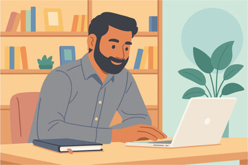 Flat vector illustration of a bearded man working on a laptop in a cozy home office environment. 