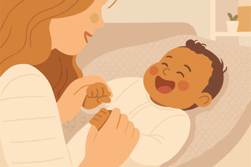 Flat vector illustration of a smiling mother bonding with her happy baby. The baby is laughing joyfully while lying in a cozy setting, highlighting love, parenting, maternal care.