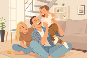 Flat vector illustration of a cheerful family playing together in the living room. A father is holding and playing with a happy child while the mother watches joyfully.