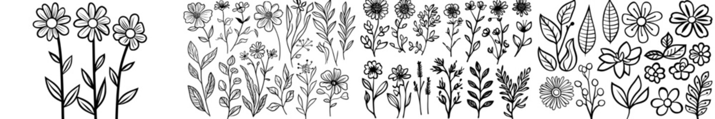 A collection of hand-drawn elements featuring florals and leaves, suitable for designing invitations, greeting cards, quotes, blogs, and posters, characterized by a modern illustration style