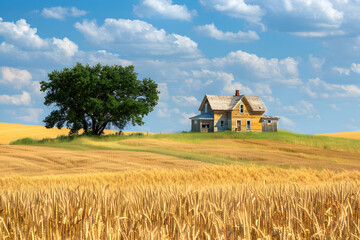 Rural farmhouse surrounded by golden wheat fields
