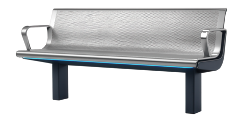 Metro station bench with perforated metal seating and armrests