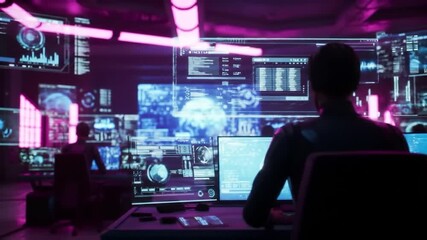 Futuristic control room with holographic displays - Powered by Adobe