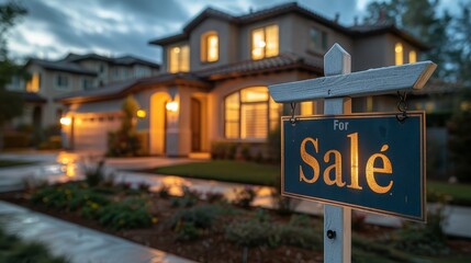Obraz premium House for sale at dusk. Warm light from windows. Yard well-kept. Sidewalk wet