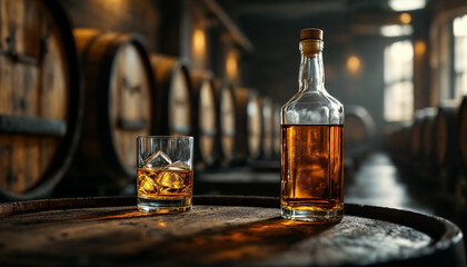 Close-up of whiskey glass and bottle on oak barrel in aging room.
