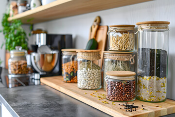 Set of reusable glass jars with food staples