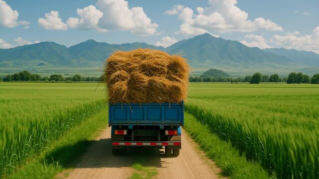 Rural delivery truck service. Truck loaded with hay bales drives on dirt road through green field under blue sky with clouds and distant mountains background