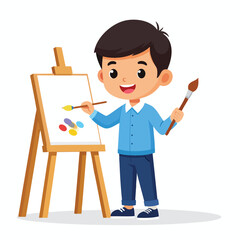 A young boy painting on a canvas, holding a brush, smiling cheerfully.