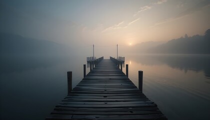 Obraz premium Serene Wooden Pier at Sunrise/Sunset – Tranquil Lake/Ocean View