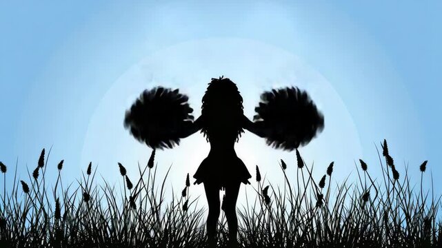A young girl in traditional outfit cheers at sunset over a grassland, embodying the spirit of athleticism and nature.