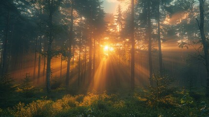Forest scene with golden sunlight beaming through trees, creating a mystical, ethereal glow