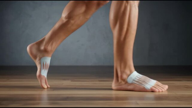 Human foot anatomy visualized with animated bone and tendon structures during walking on a wooden floor