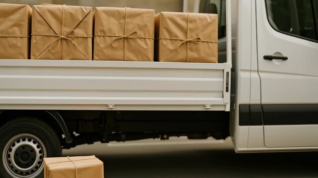 Rural delivery truck service. White delivery truck loaded with brown paper wrapped cargo boxes parked street showing organized transport and shipment of box