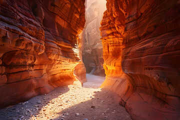Tight canyon with red layered rock walls sunlight