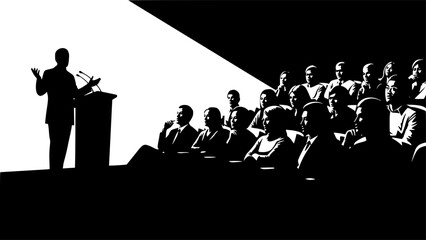 A confident speaker addressing an attentive audience from a brightly lit stage during a professional presentation or conference