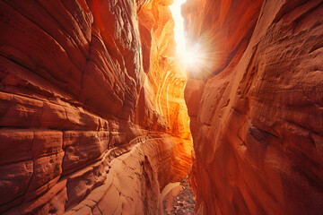 Tight canyon with red layered rock walls sunlight