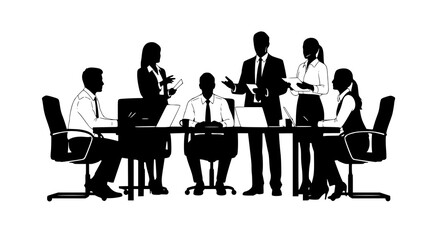 Business meeting with team members discussing strategy and planning in a professional office setting, isolated on white background