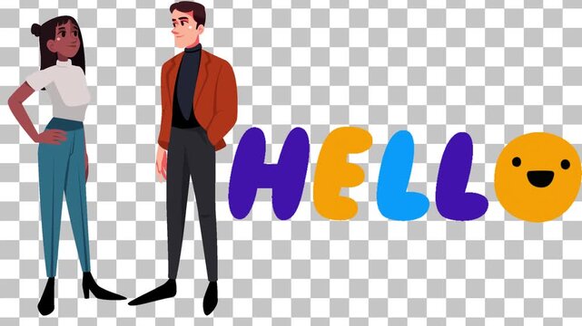 Man and woman shaking hands with Hello Text illustration on Transparent background
