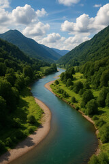 Scenic River Flowing Through Lush Green Valley with Mountains