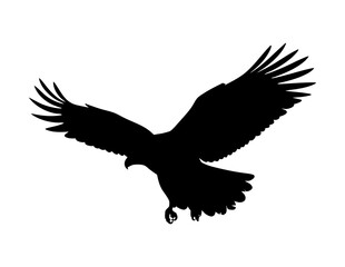 Obraz premium Black silhouette of an eagle in flight suitable for logos, posters, banners, and wildlife designs, representing freedom, power, and strength.