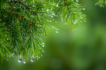 Water droplets hanging from pine needles after