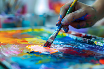 Obraz premium Watercolor artist dipping brush into vibrant pigm