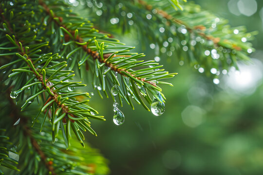 Water droplets hanging from pine needles after - Powered by Adobe