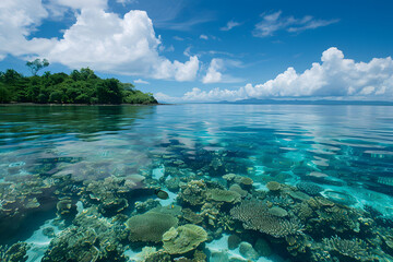 Wide tropical coastline with distant islands and