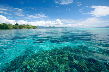 Wide tropical coastline with distant islands and