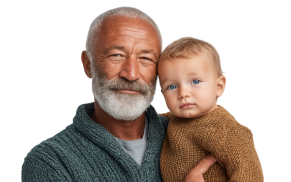 Grandfather lovingly holds grandson in studio. Represents family, love, bonding, and intergenerational connection. Use for web, design, marketing material.