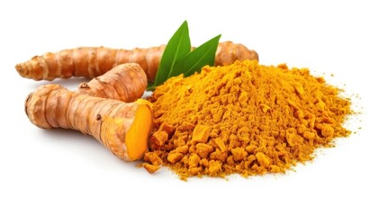 Turmeric composition in various forms: whole root, sliced pieces, powder and green leaves on a white background.