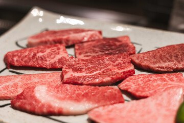 raw beef steak, A5 Wagyu on white plate, Japanese beef for yakiniku, high quality meat from Japan, BBQ meal in All-you-can-eat restaurant