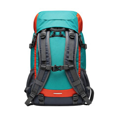 Fototapeta premium A colorful hiking backpack with a turquoise body, orange accents, and gray straps. It features multiple compartments and adjustable straps, suitable for outdoor activities.