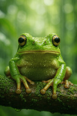 Macro Shot of Green Tree Frog on Wet Mossy Branch
