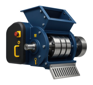 High-capacity hammer mill with a wide rotor and interchangeable grates for crushing glass in a recycling plant.