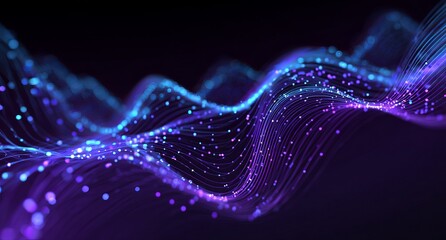 Abstract background. Digital technology and big data elements in the form of lines, dots, and waves on a dark blue gradient.