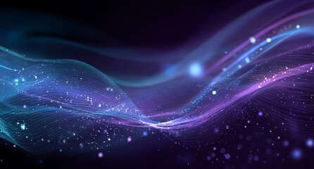 Abstract background. Digital technology and big data elements in the form of lines, dots, and waves on a dark blue gradient.