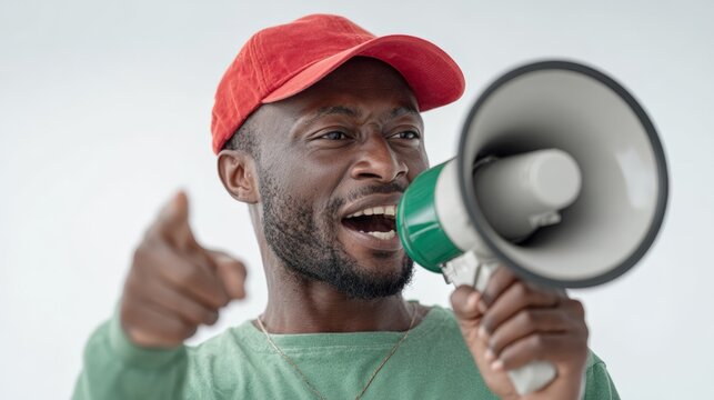 African american activist passionately raising megaphone, gesturing emphatically during immigration rights protest, demanding social equality and justice with powerful vocal expression - Powered by Adobe