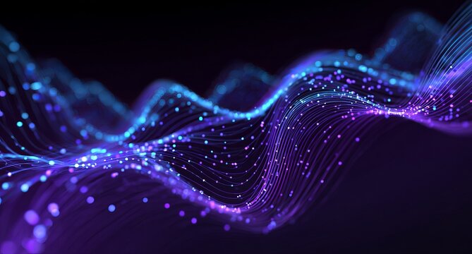 Abstract background. Digital technology and big data elements in the form of lines, dots, and waves on a dark blue gradient.