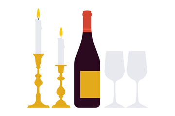 Wine bottle with two glasses and burning candles, isolated on white background. Elegant setup for dinner or celebration. Simple illustration, stock flat vector, isolated.