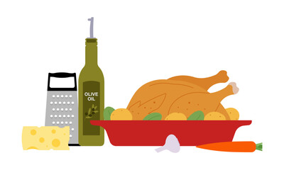 Roasted turkey in red baking dish with potatoes, olive oil bottle, cheese, grater, carrot and garlic. Festive meal preparation. Simple illustration, stock flat vector, isolated.