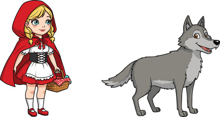 Cartoon of Little Red Riding Hood with smiling big bad wolf in forest scene for children’s book, storytelling, and education content