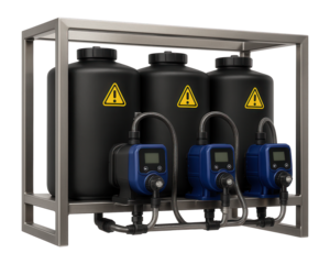 Chemical dosing skid with multiple storage tanks and metering pumps for pH adjustment in a wastewater treatment facility.