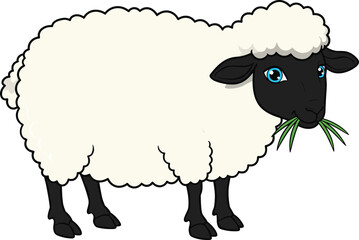 Cartoon sheep with black face and white wool eating grass, cute farm animal illustration for kids, livestock character in pasture