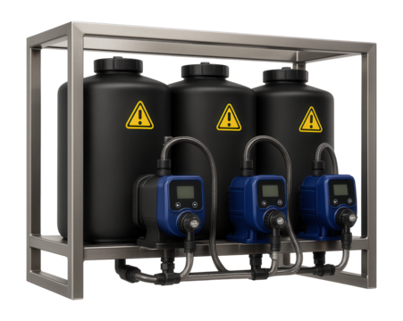 Chemical dosing skid with multiple storage tanks and metering pumps for pH adjustment in a wastewater treatment facility.