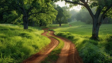 Obraz premium Winding dirt path through green meadow, trees framing sunlit scene