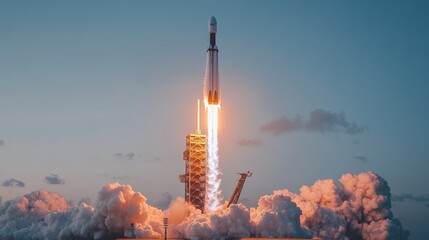 Reusable space rocket launching from spaceport leaving planet earth at sunset with orange fire and smoke illuminating the scene, symbolizing space exploration and new frontiers