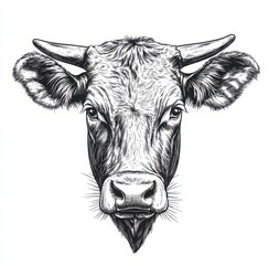 Detailed and Realistic Black and White Illustration of a Cow Head Showcasing Intricate Fur Texture and Facial Features