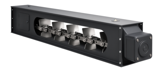 Drag chain conveyor with enclosed casing and heavy-duty paddles for horizontal ore movement in a plant.